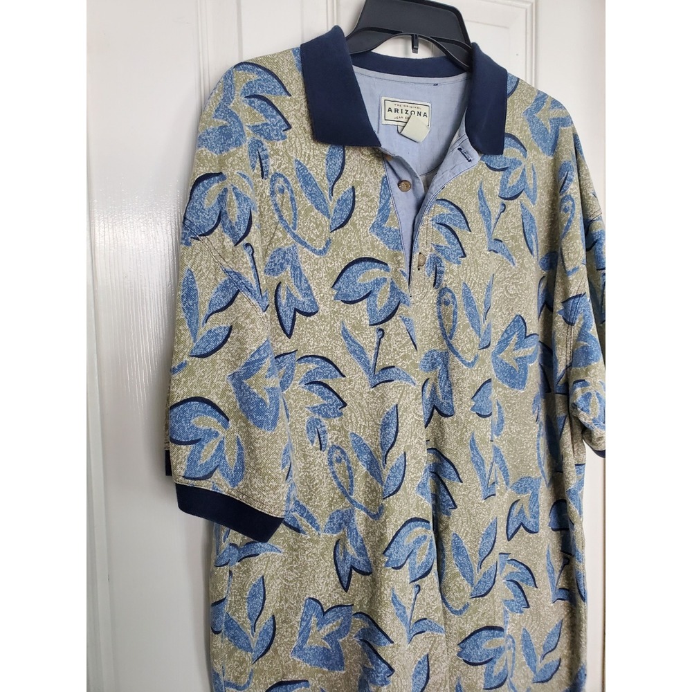 Vtg Arizona Jean Co Floral Polo Shirt Blue Tan Short Sleeve Casual Summer Lg